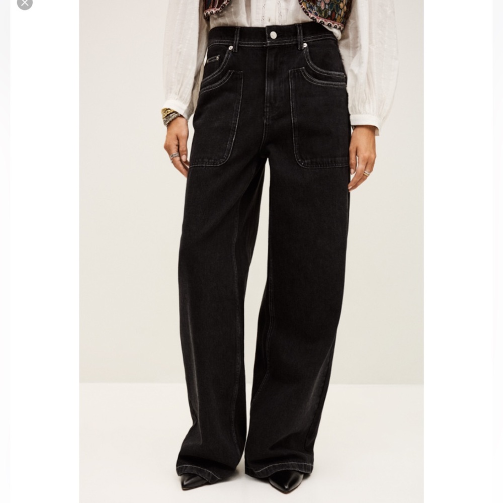Ba&sh Noel Jeans Size 4 Women Boho Wide Leg High Rise Cotton Pockets In Carbon